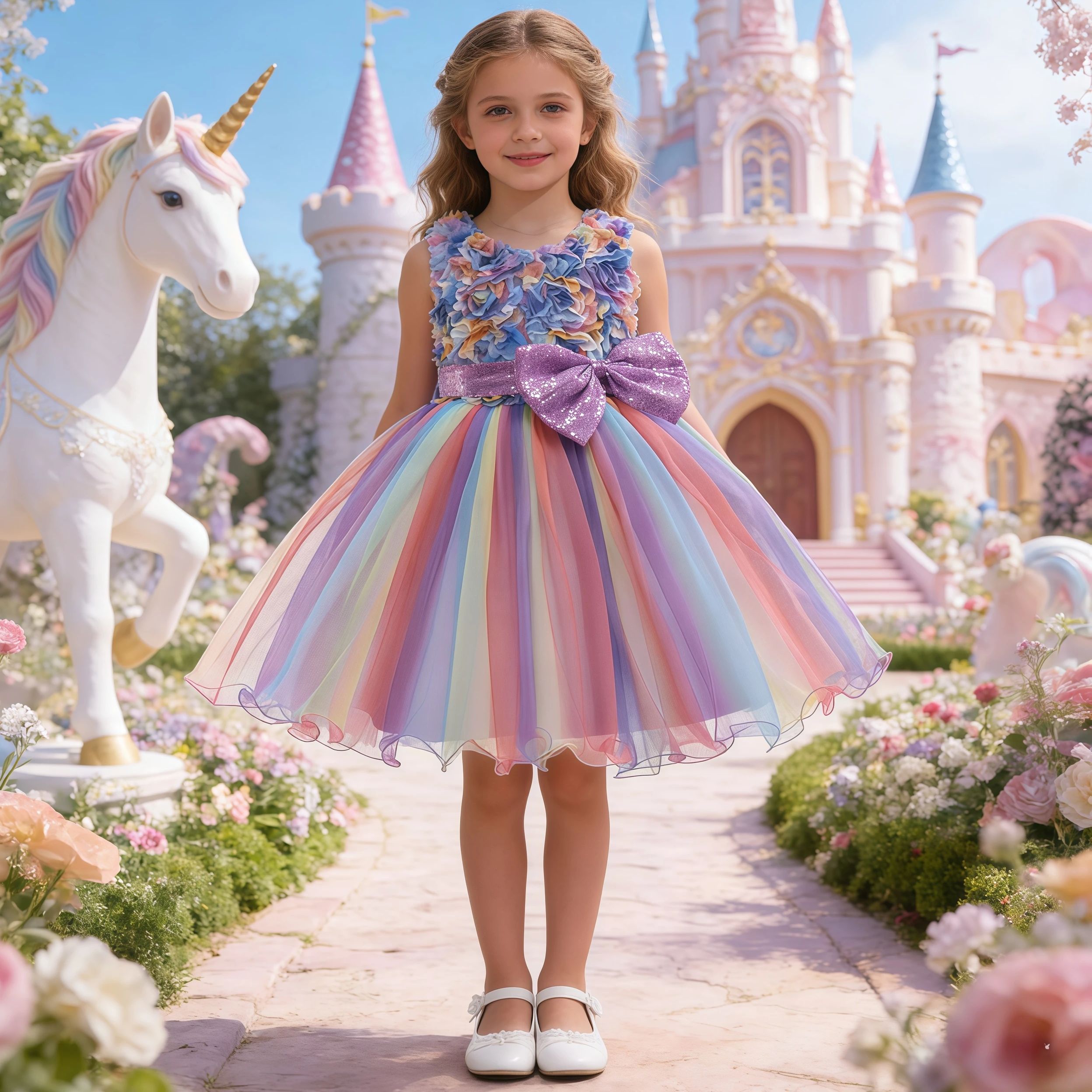 Baby Z Clothing - Girls Flower Sequins Tulle Rainbow Tutu